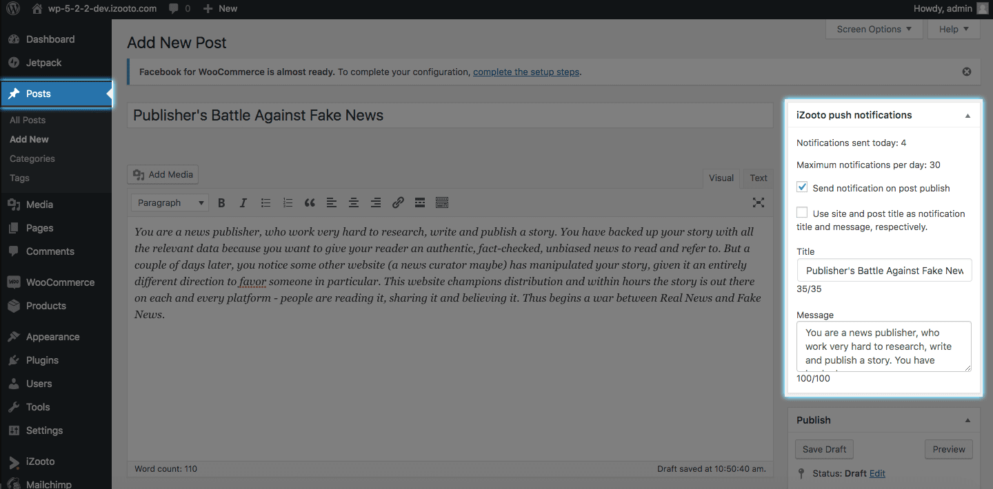 The iZooto notification widget in the WordPress post editor.