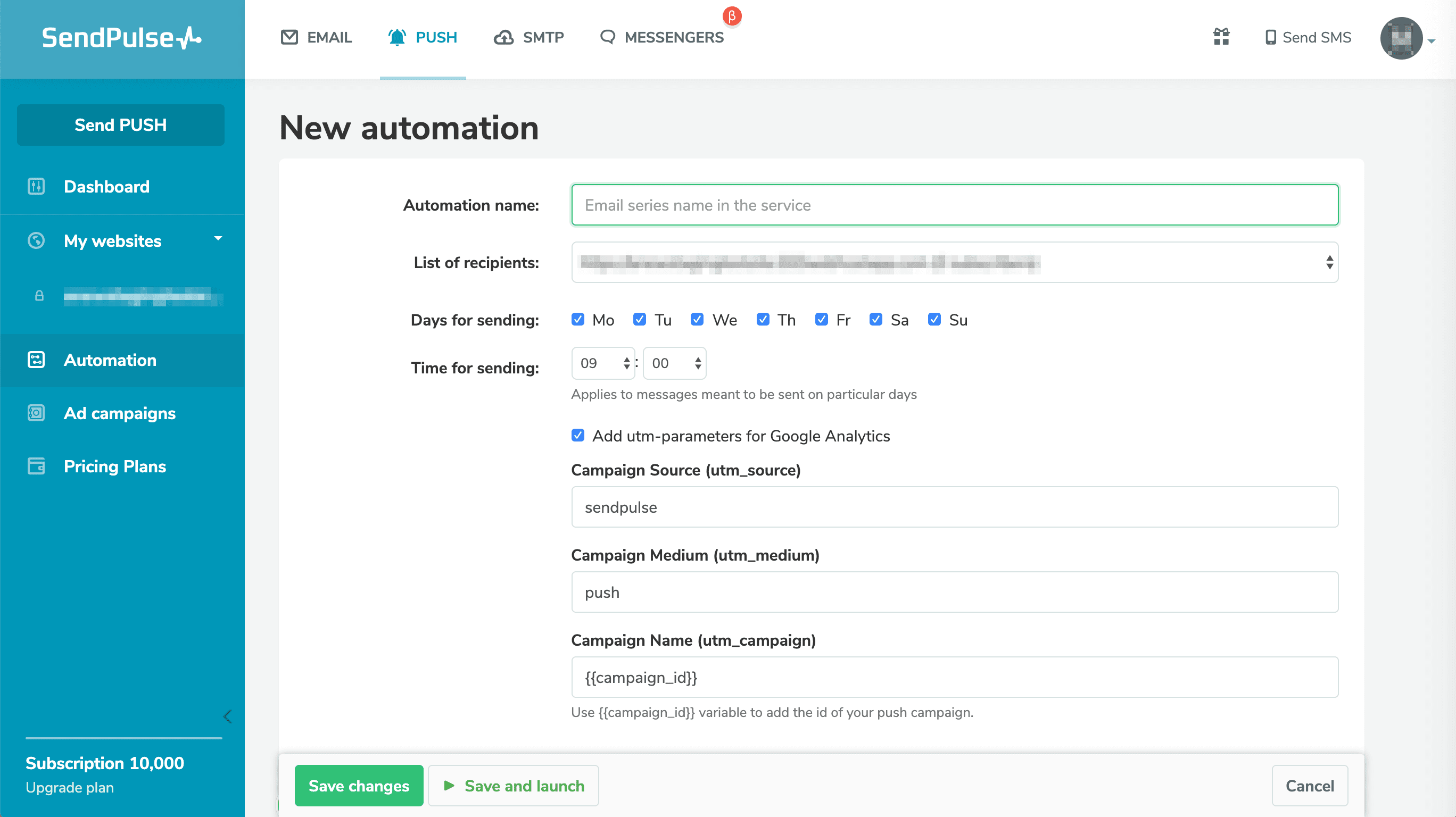 Creating an automation flow in SendPulse.